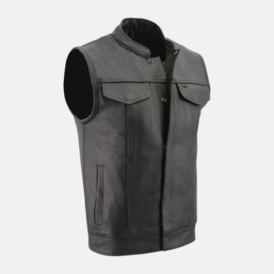 Mens Leather Trucker Vest Black Biker Style - OutfitLondon