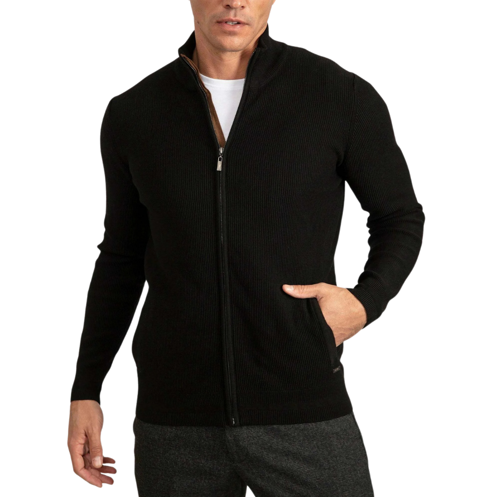 Mens Black Full Zip Cardigan Jacket Stretch Cotton Elastane Blend - OutfitLondon