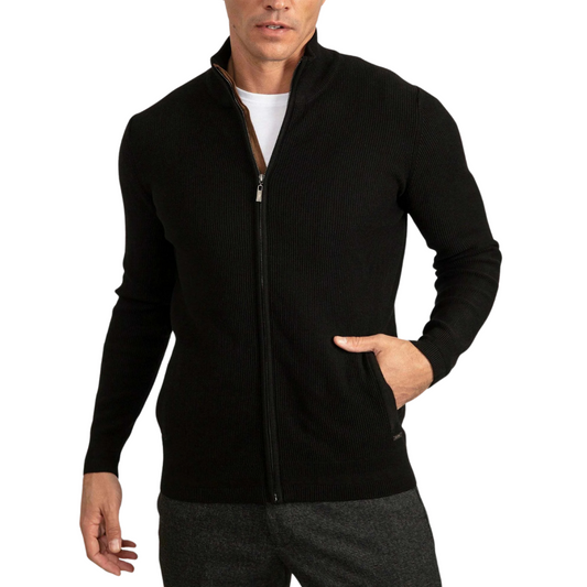 Mens Black Full Zip Cardigan Jacket Stretch Cotton Elastane Blend - OutfitLondon