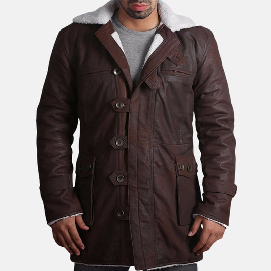 Men's Shearling Leather Coat Dark Brown With Warm Lining - OutfitLondon