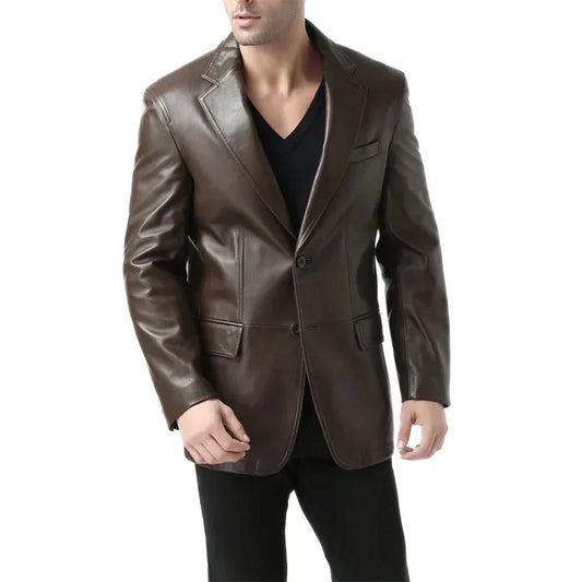Men's Leather Blazer Espresso Brown Lambskin Notch Lapel - OutfitLondon