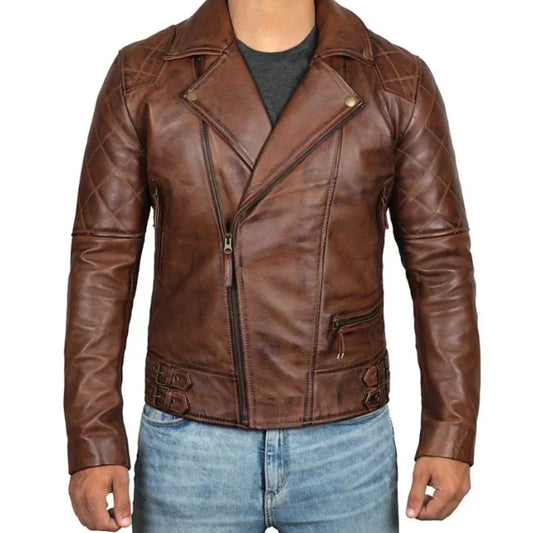 Men's Leather Biker Jacket Quilted Brown Asymmetrical Zipper - OutfitLondon