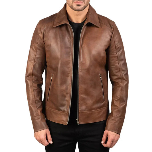 Mens Brown Leather Biker Jacket Shirt Collar Front Zipper - OutfitLondon