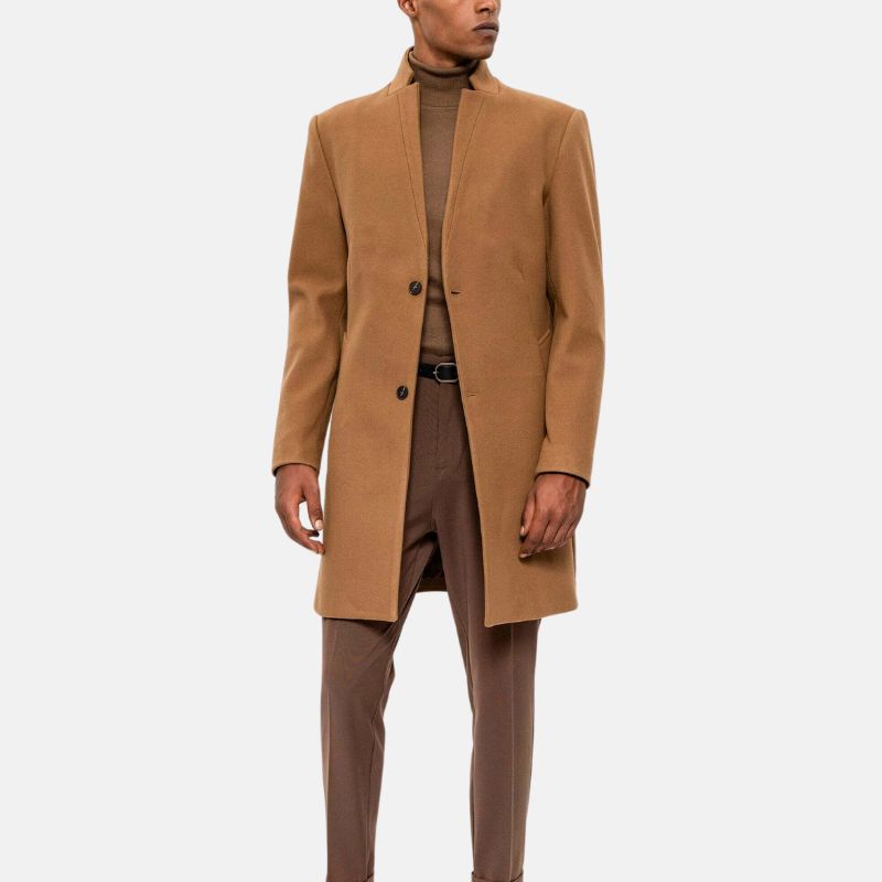 Men's Wool Short Coat Camel Brown Single Breasted - OutfitLondon