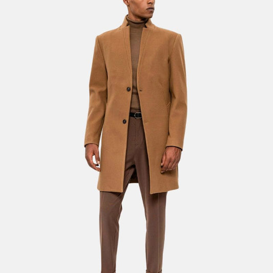 Men's Wool Short Coat Camel Brown Single Breasted - OutfitLondon