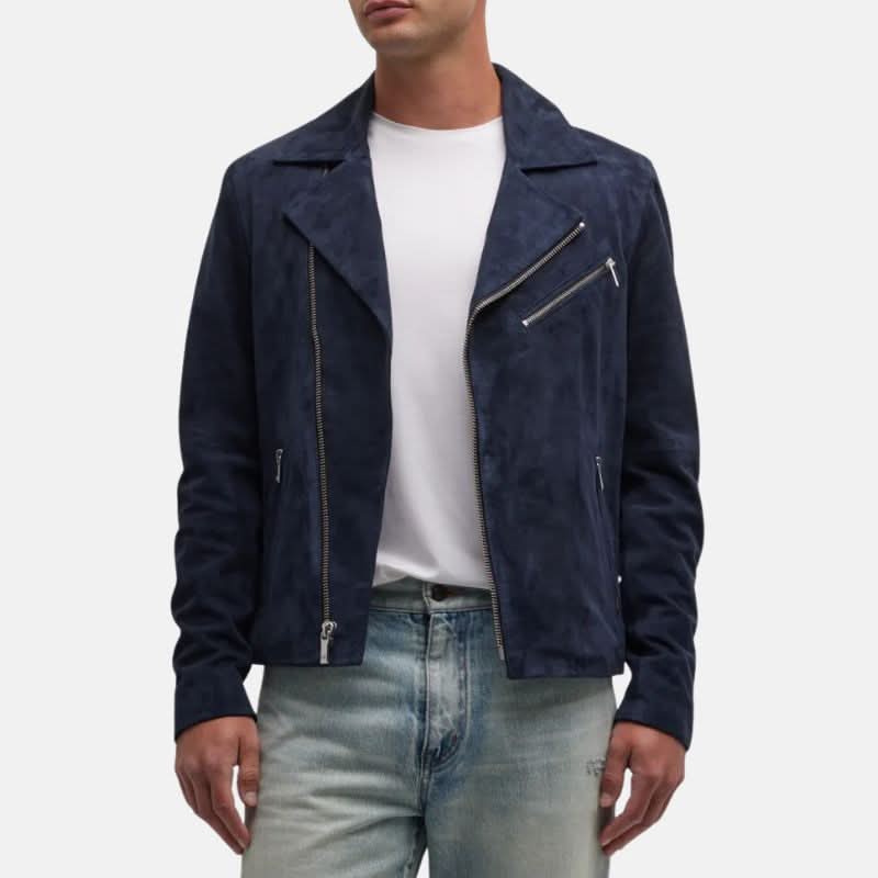 Men's Suede Moto Jacket Dark Blue Asymmetrical Fit - OutfitLondon