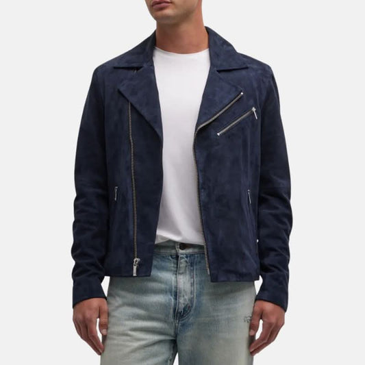 Men's Suede Moto Jacket Dark Blue Asymmetrical Fit - OutfitLondon