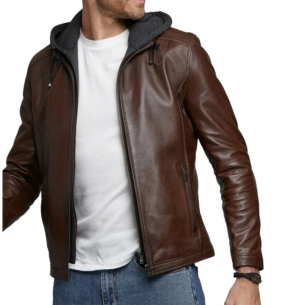 Men's Leather Biker Jacket Dark Brown Genuine Leather Removable Hood - OutfitLondon