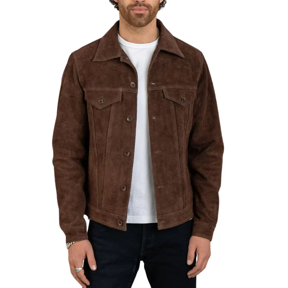Mens Suede Leather Trucker Jacket Dark Brown Shirt Collar - OutfitLondon