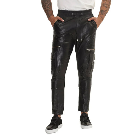 Men's Leather Cargo Pants Elastic Waist Black - OutfitLondon