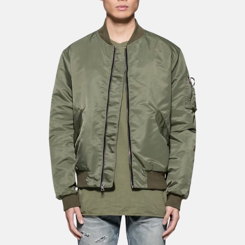 Men's Olive Green Nylon Bomber Jacket Breathable Lightweight - OutfitLondon