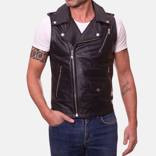 Men's Leather Motorcycle Vest Zipper Front Black - OutfitLondon