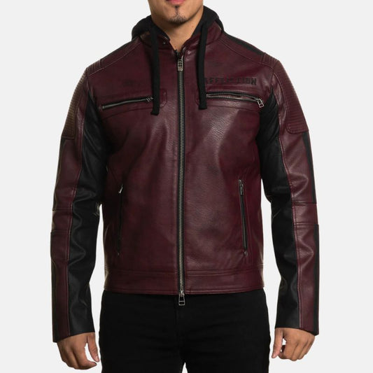 Mens Leather Biker Jacket Maroon Hooded Zip Front - OutfitLondon