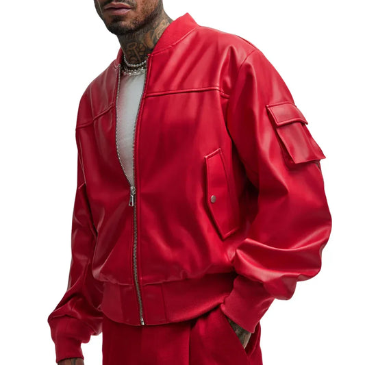 Men's Leather Bomber Jacket Red Oversized Rib Collar - OutfitLondon