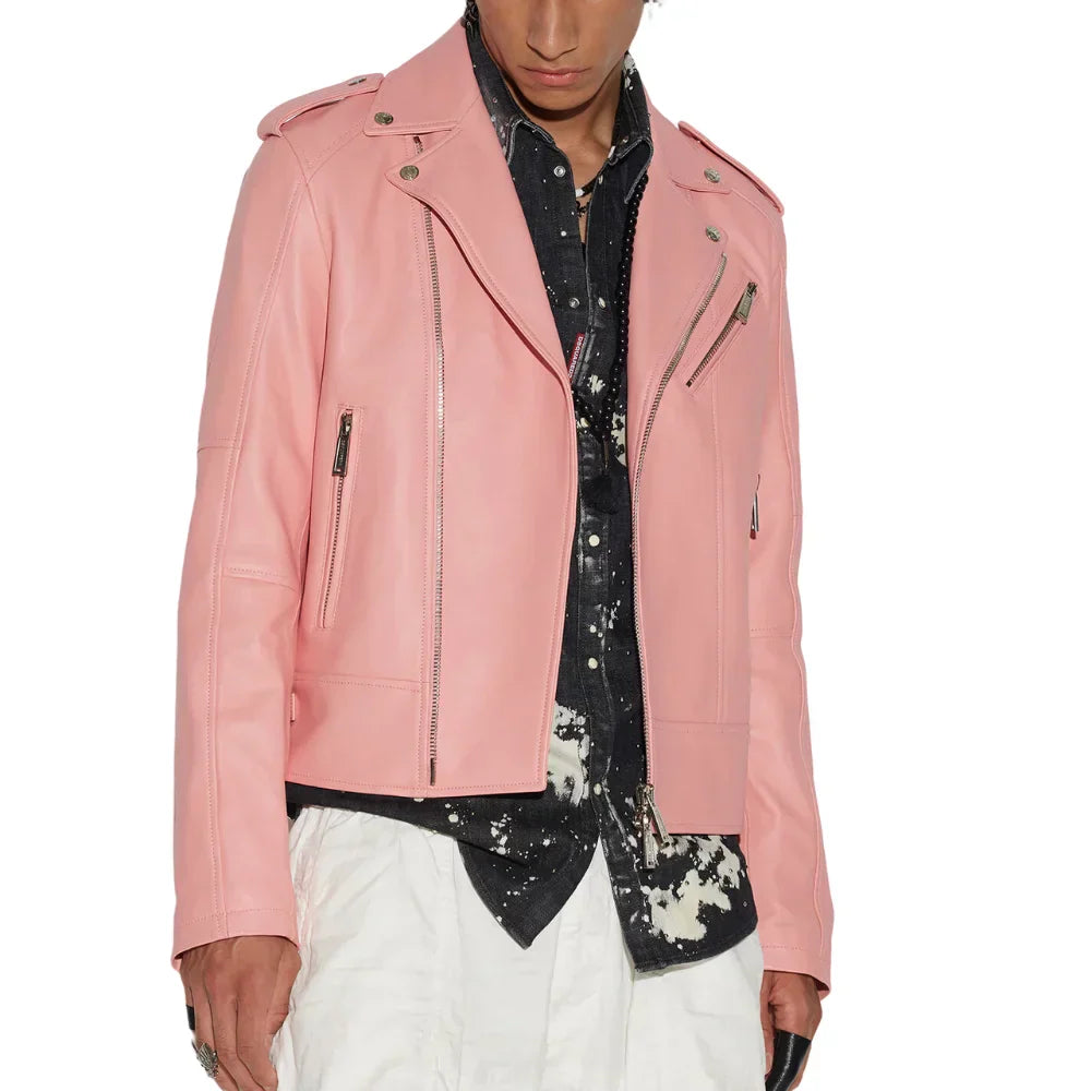 Men's Pink Leather Moto Jacket With Zippers And Soft Lining - OutfitLondon