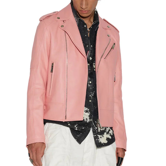 Men's Pink Leather Moto Jacket With Zippers And Soft Lining - OutfitLondon