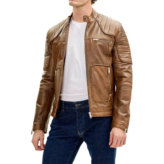 Men's Brown Leather Moto Jacket Quilted Shoulders Lambskin - OutfitLondon
