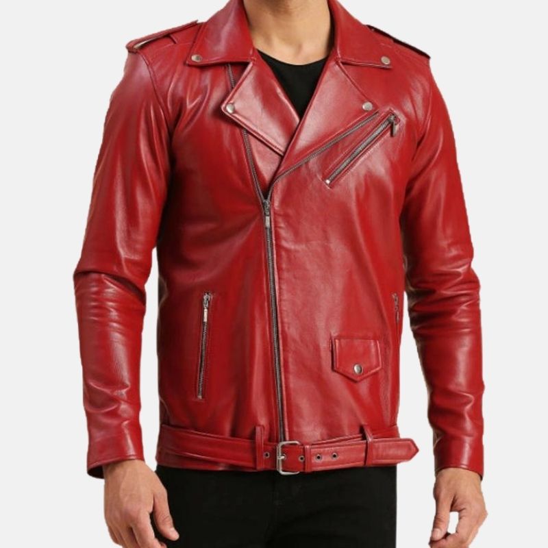 Men's Red Leather Biker Jacket Slim Fit Belted - OutfitLondon