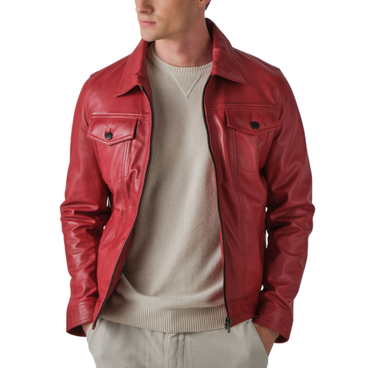 Men's Red Leather Trucker Jacket Full Zip - OutfitLondon