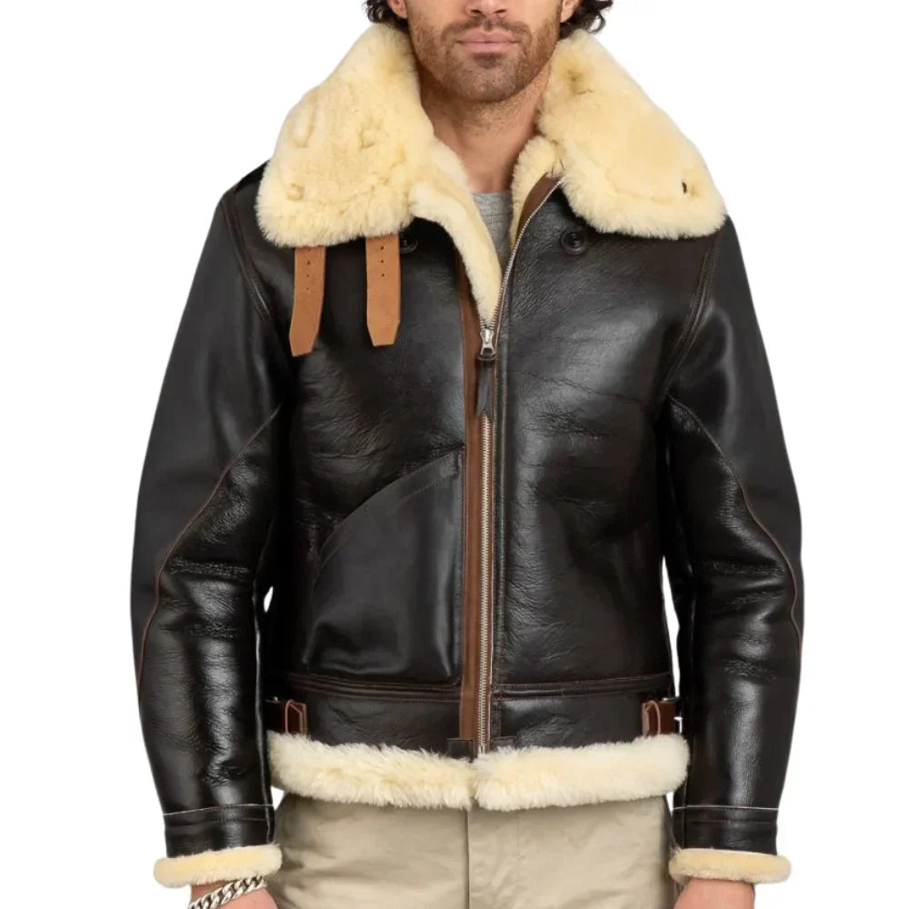 Men's Brown B3 Sheepskin Flight Jacket Sheepskin Lined Cowhide - OutfitLondon