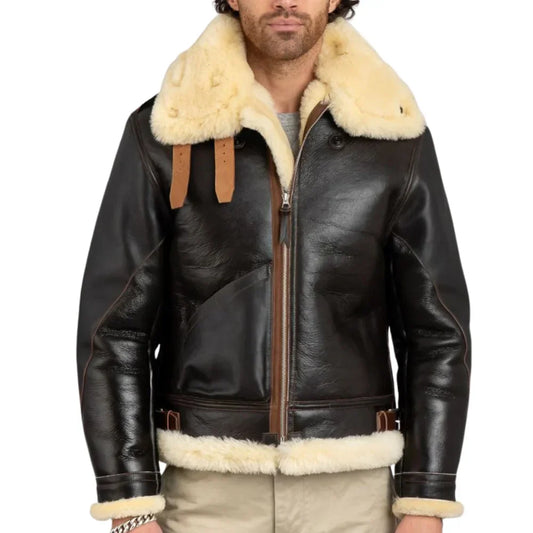 Men's Brown B3 Sheepskin Flight Jacket Sheepskin Lined Cowhide - OutfitLondon