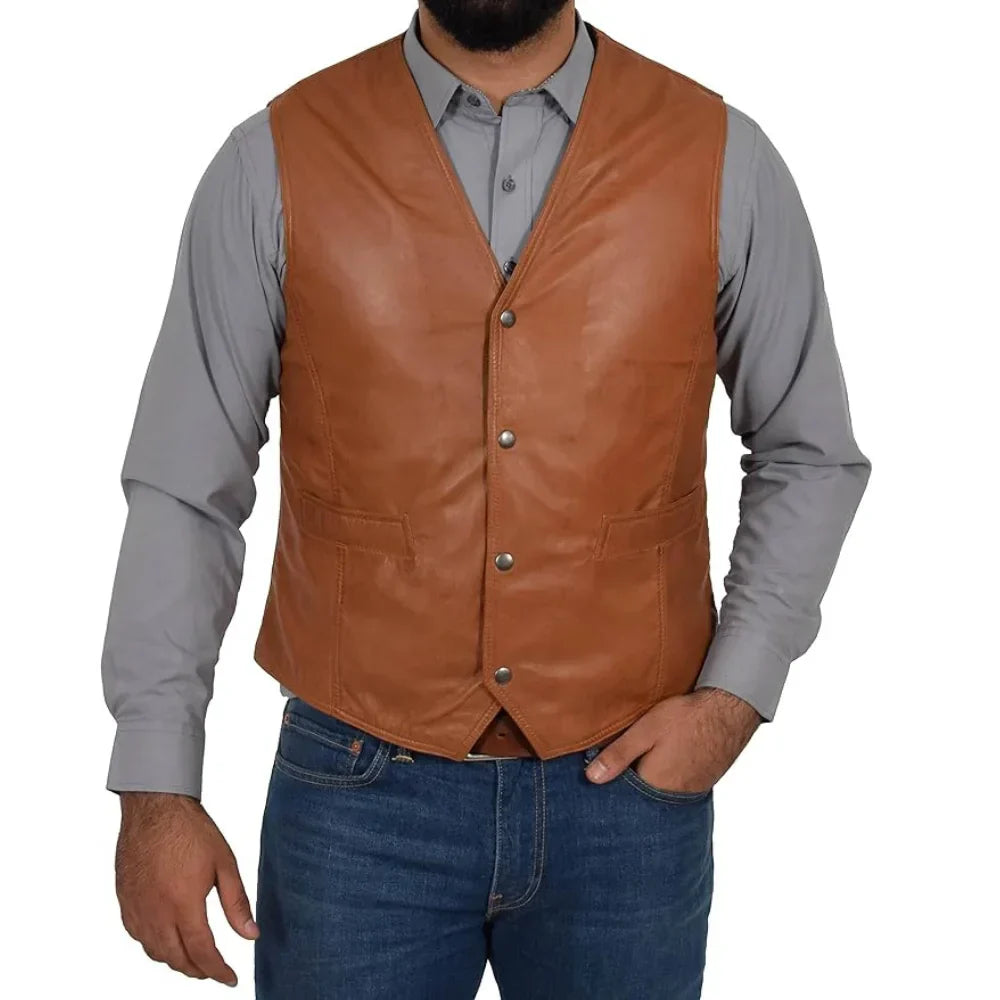 Men's Leather Biker Vest Real Leather Brown