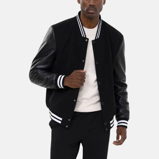 Men's Cotton Bomber Jacket Leather Sleeves Black - OutfitLondon