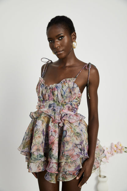 Meredith | Bustier Fit Floral Print Pleated Mini Summer Dress
