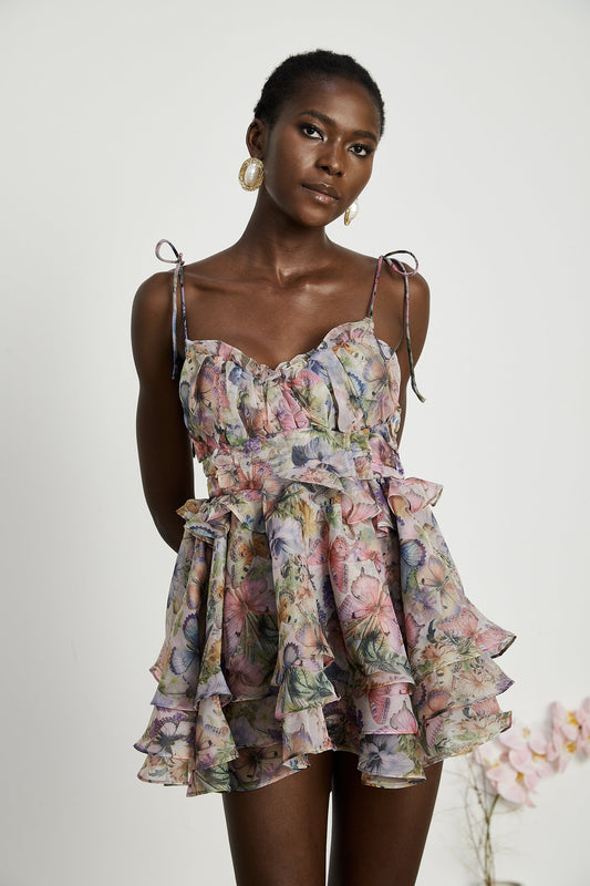 Chic Floral Mini Dress with Pleated Skirt - OutfitLondon