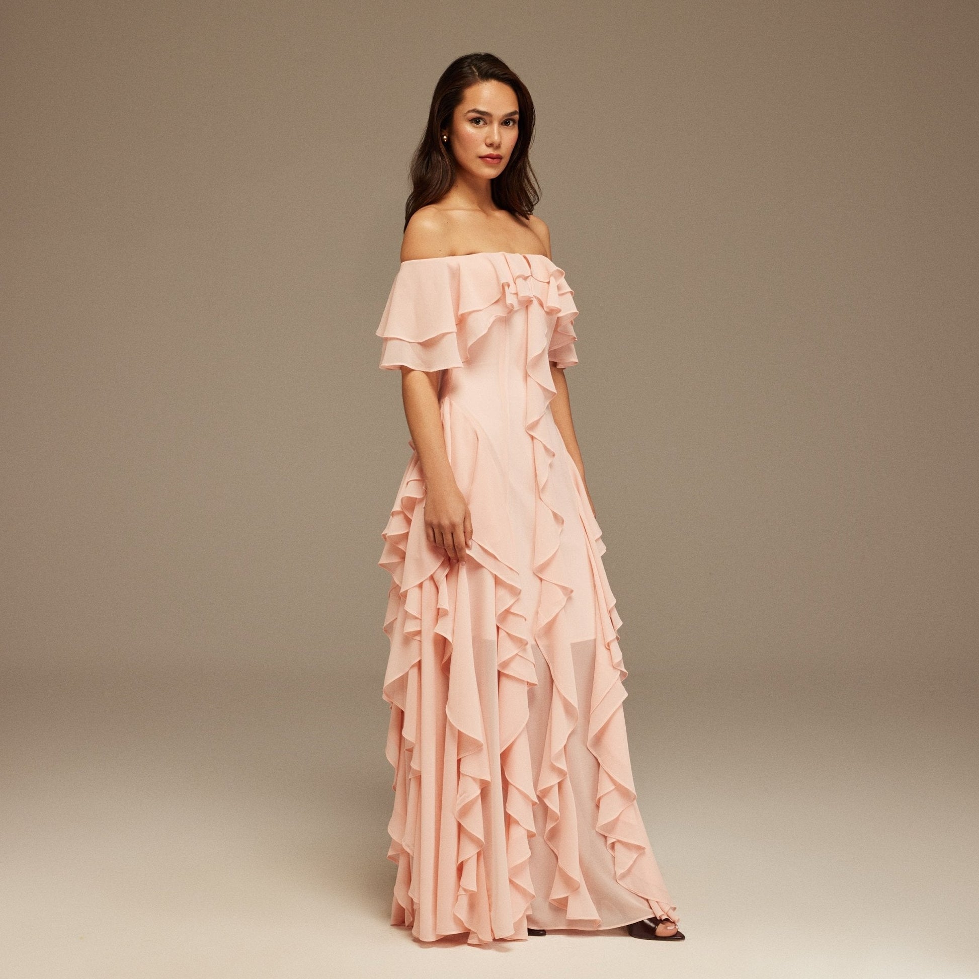 Millicent | Fitted Off-Shoulder Ruffle Maxi Dress