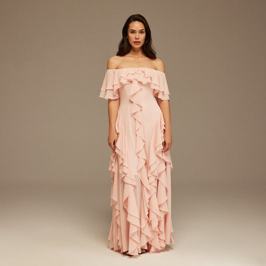 Elegant Ruffled Cold Shoulder Maxi Dress - OutfitLondon