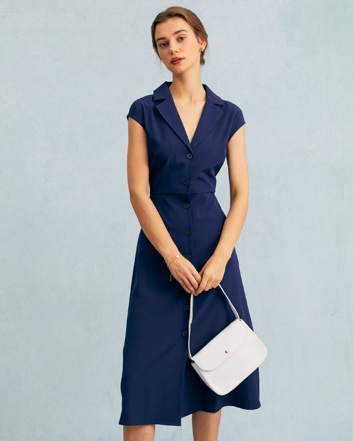 Moira | Regular Fit V Neck Button Cap Sleeve Summer Dress
