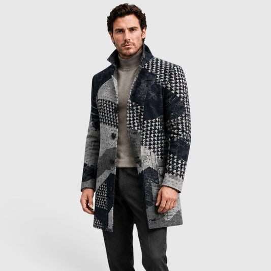 Men's Classic Checked Wool Blend Trench Coat Tailored Fit