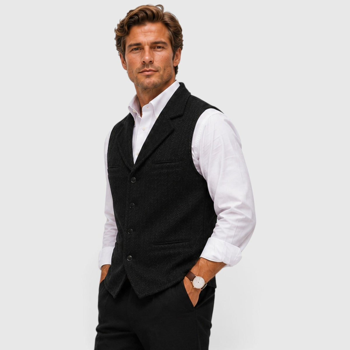 Men's Tailored Herringbone Wool Waistcoat with Lapel