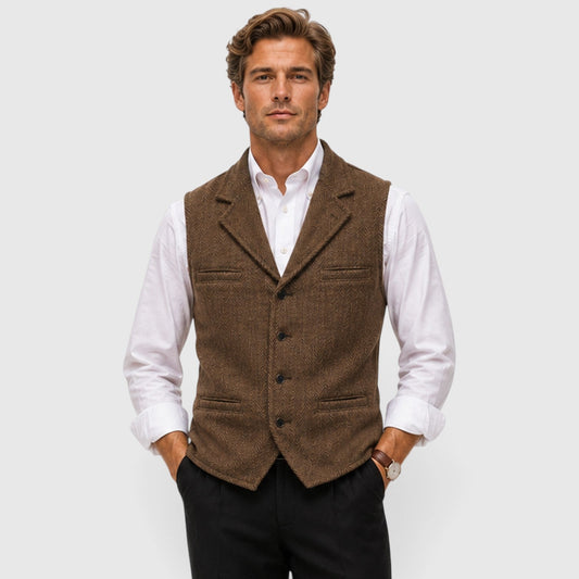 Men's Tailored Herringbone Wool Waistcoat with Lapel