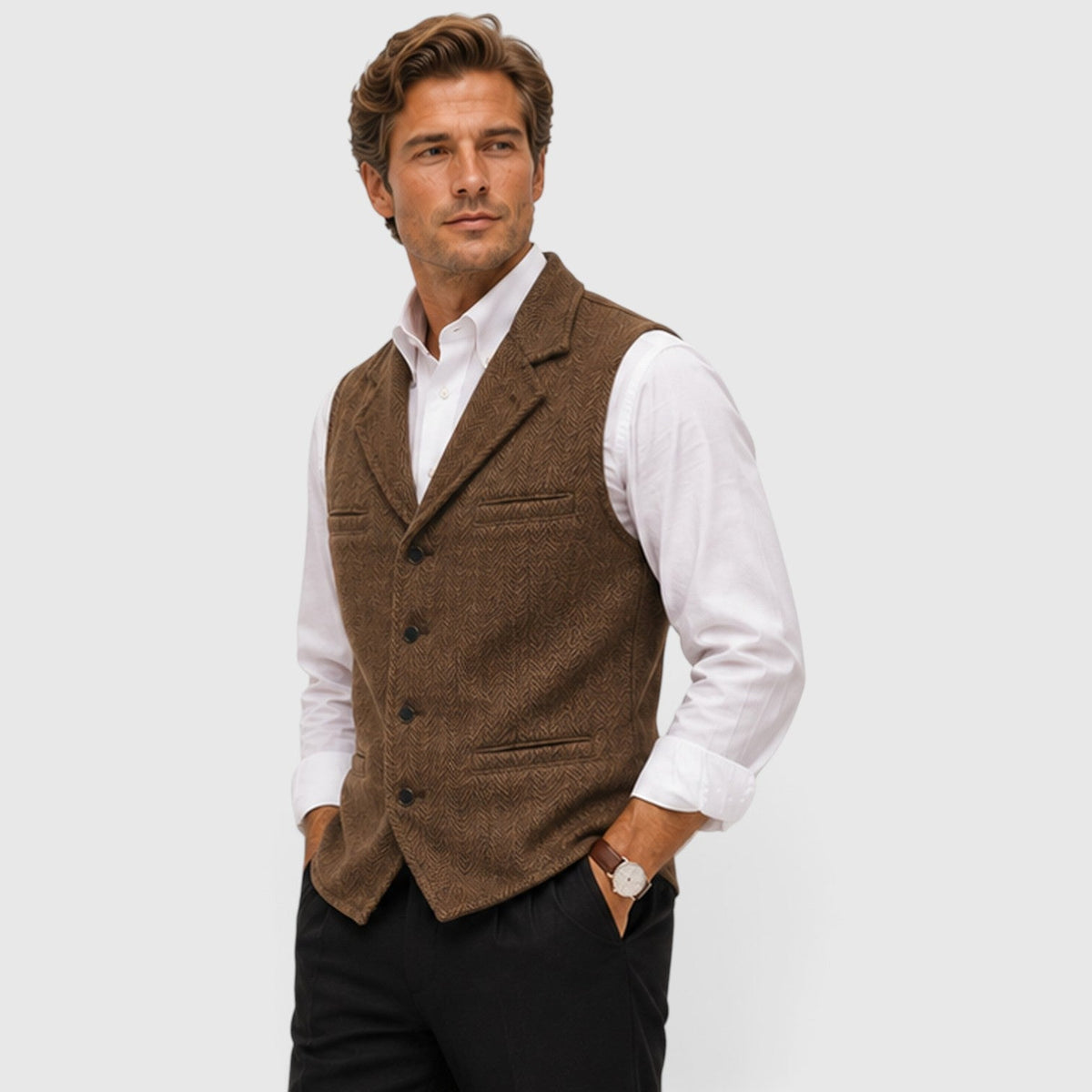 Men's Tailored Herringbone Wool Waistcoat with Lapel