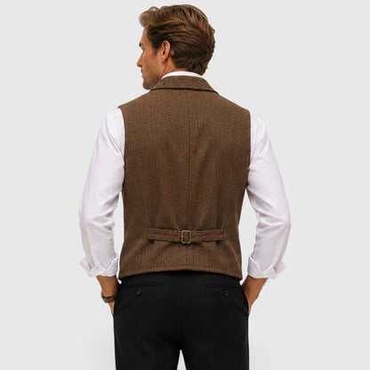 Men's Tailored Herringbone Wool Waistcoat with Lapel