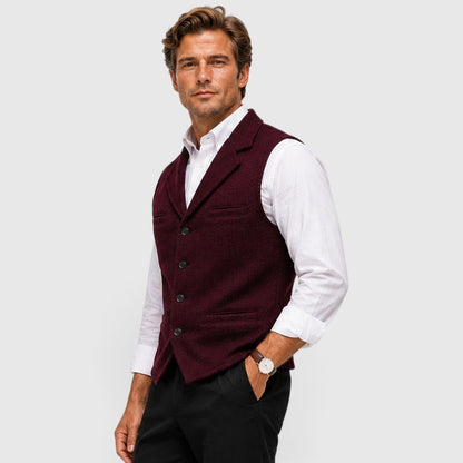 Men's Tailored Herringbone Wool Waistcoat with Lapel