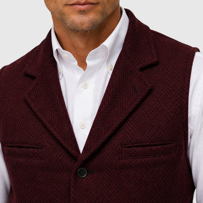 Men's Tailored Herringbone Wool Waistcoat with Lapel