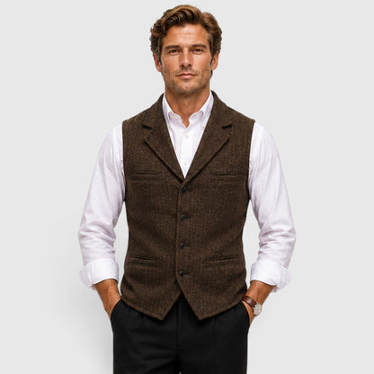 Men's Tailored Herringbone Wool Waistcoat with Lapel