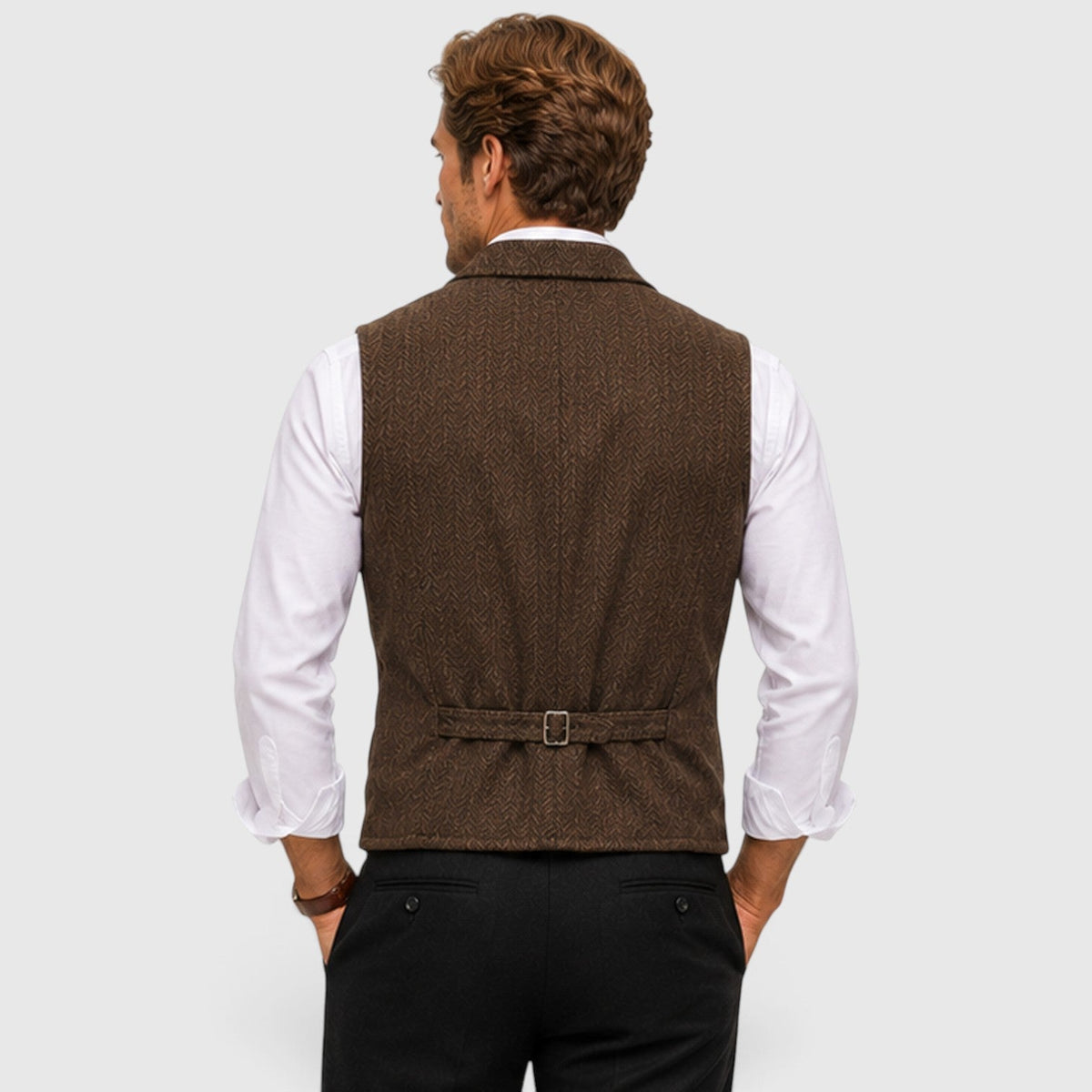 Men's Tailored Herringbone Wool Waistcoat with Lapel