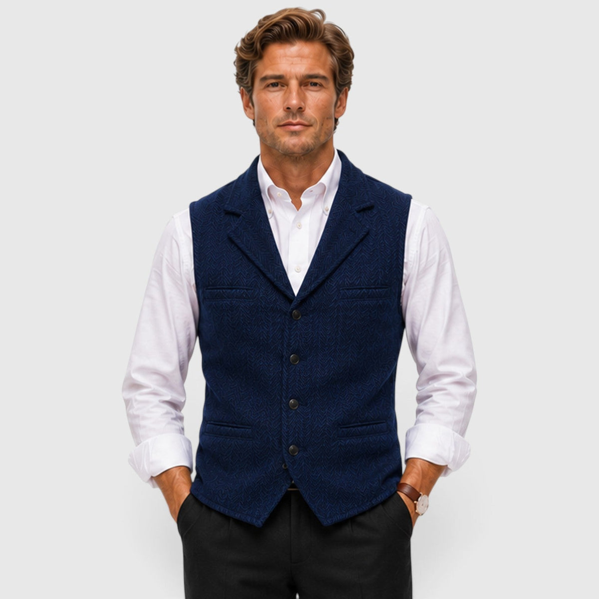 Men's Tailored Herringbone Wool Waistcoat with Lapel