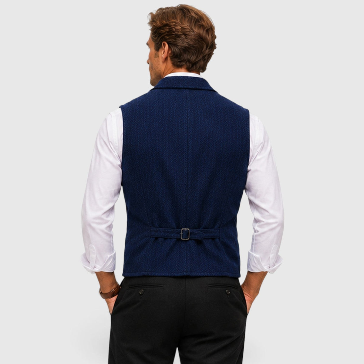 Men's Tailored Herringbone Wool Waistcoat with Lapel