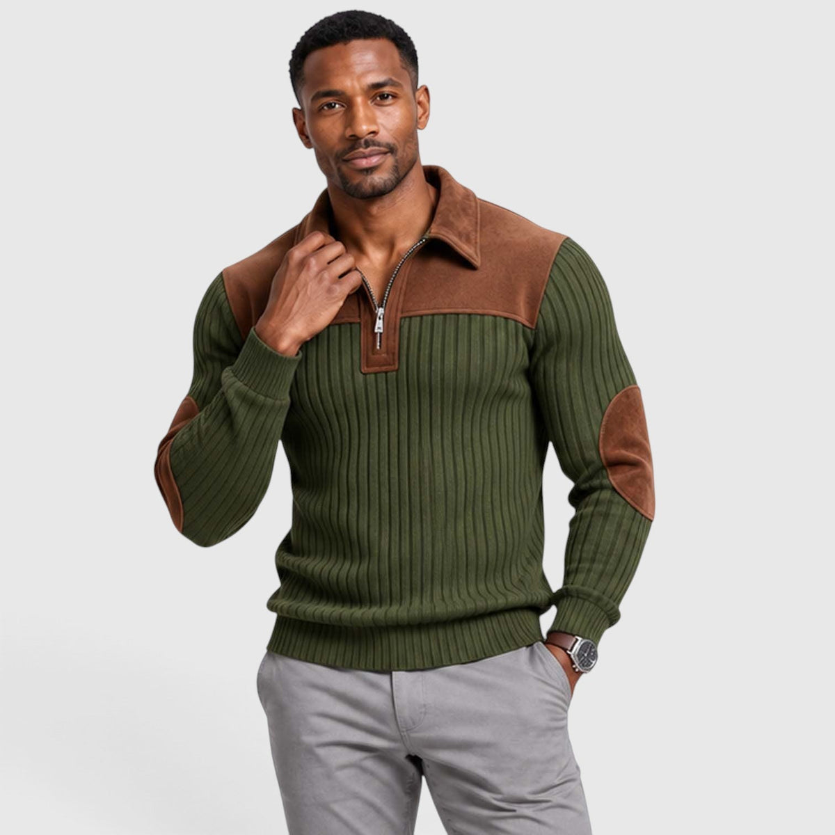 Men's Stylish Jacquard Knit Quarter-Zip Pullover with Contrast Collar