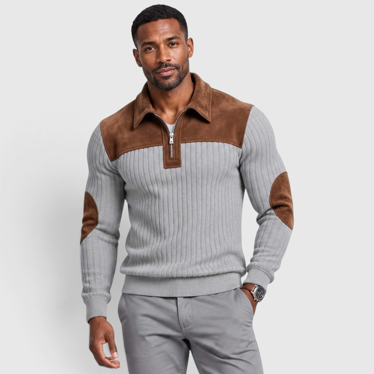 Men's Stylish Jacquard Knit Quarter-Zip Pullover with Contrast Collar