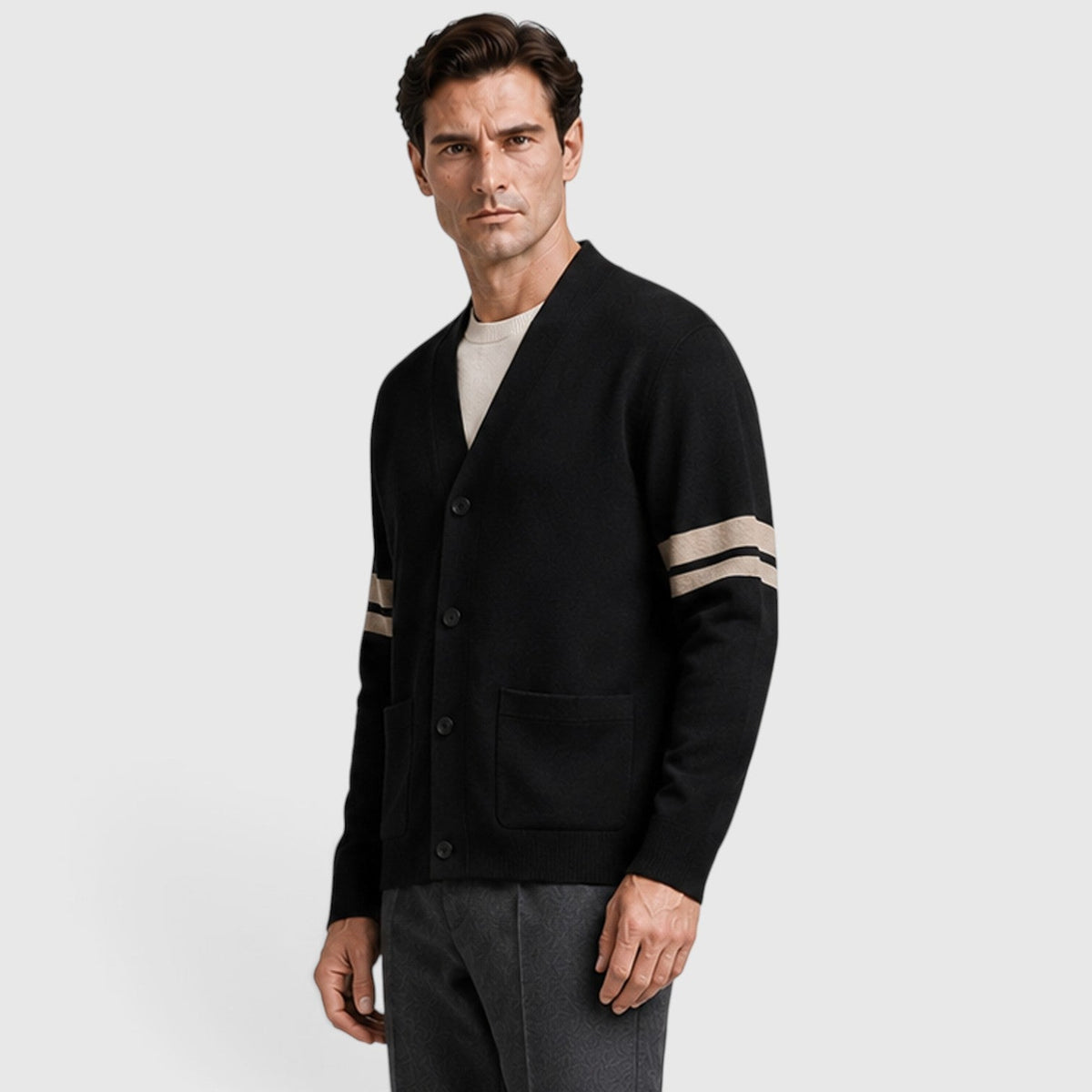 Men's Casual Knitted Stripe Detail Cardigan with Button Front