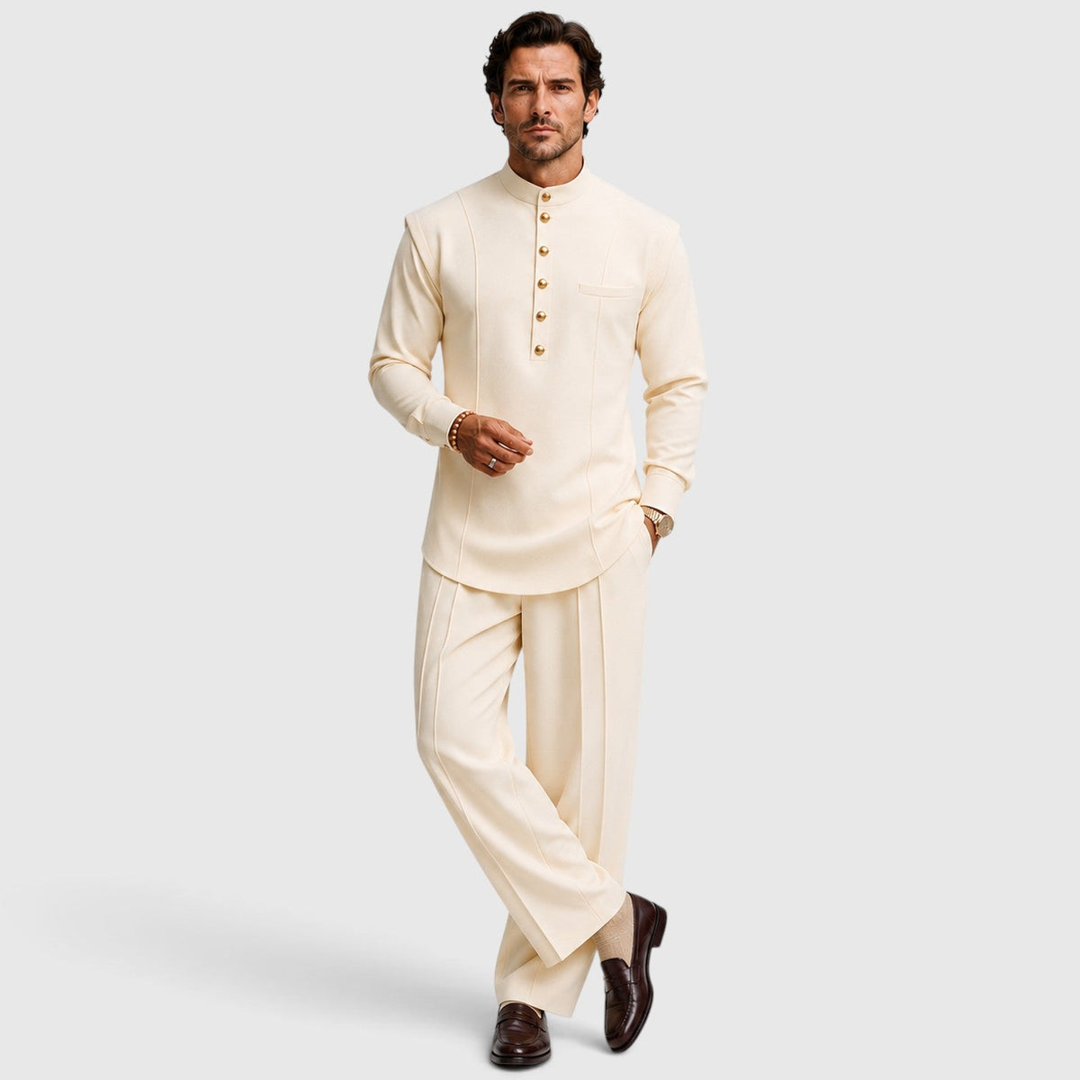 Men's Modern Mandarin Collar Two-Piece Set with Wide-Leg Trousers