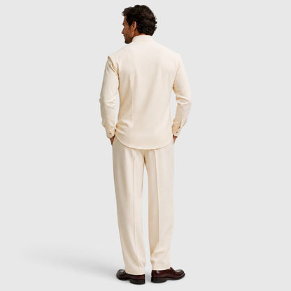 Men's Modern Mandarin Collar Two-Piece Set with Wide-Leg Trousers