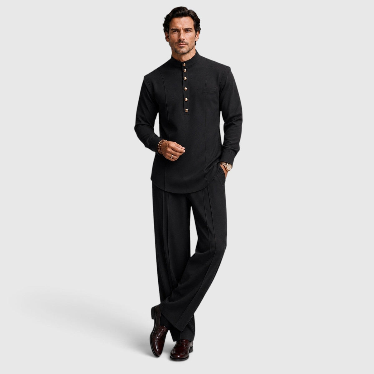 Men's Modern Mandarin Collar Two-Piece Set with Wide-Leg Trousers