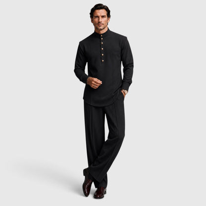 Men's Modern Mandarin Collar Two-Piece Set with Wide-Leg Trousers